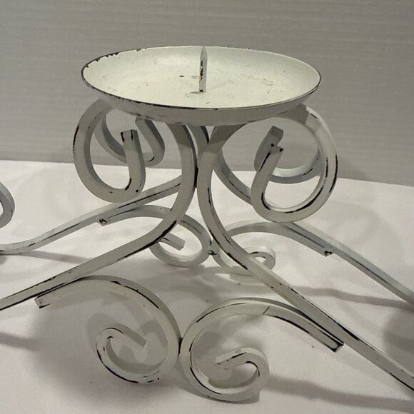 3 Pillar Candle Holder White Distressed Wrought Iron, Shabby Chic French Country - Picture 2 of 9